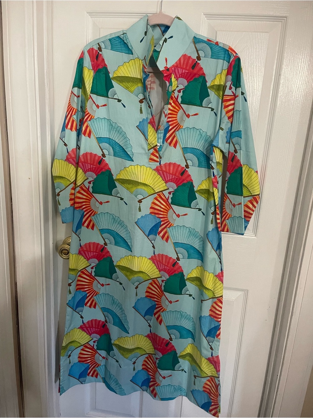 Holy Shae Design light Blue Fan-Print Cotton Shift Dress - Multicolor
